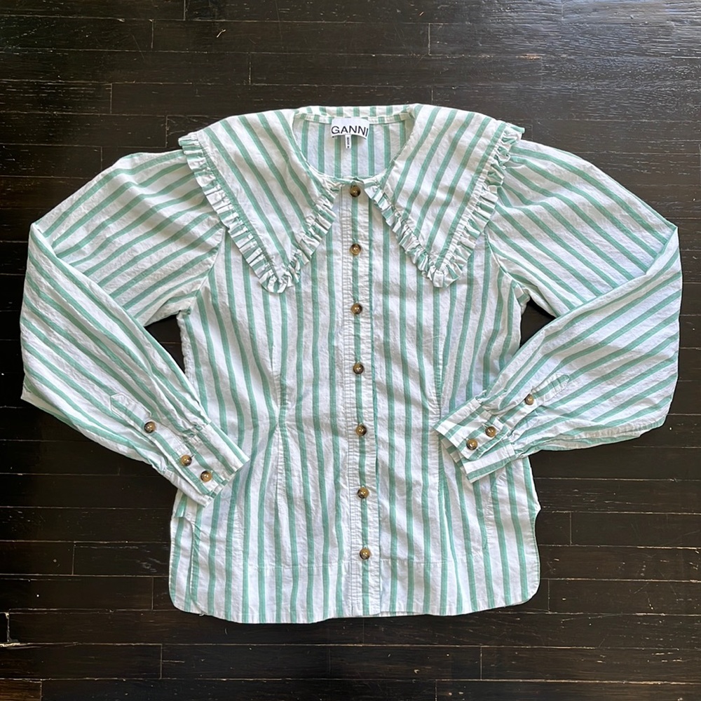 GANNI striped button front ruffle collared shirt